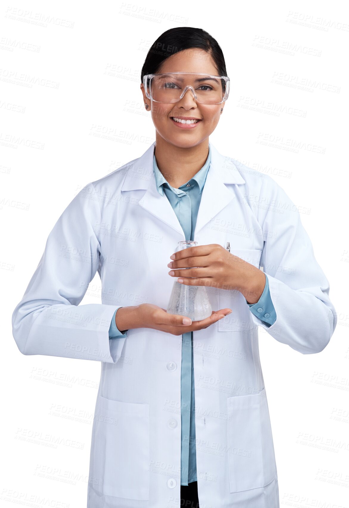 Buy stock photo Science, chemical and portrait with woman and beaker on transparent background for medicine, pharmacy or medical. Expert, research and healthcare with scientist isolated on png for vaccine and sample