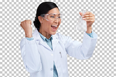 Buy stock photo Scientist, celebration and woman with science win, experiment and breakthrough in research. Chemical in beaker, success and female doctor, scientific discovery isolated on transparent png background