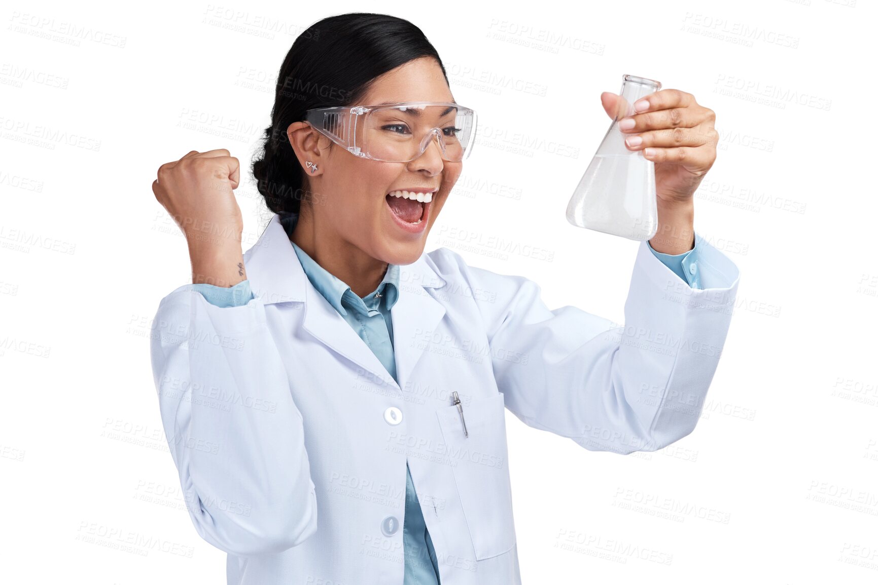 Buy stock photo Scientist, celebration and woman with science win, experiment and breakthrough in research. Chemical in beaker, success and female doctor, scientific discovery isolated on transparent png background