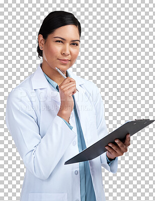 Buy stock photo Portrait, thinking and woman with a clipboard, science and researcher isolated on a transparent background. Female person, scientist and employee with ideas, medical innovation and documents with png