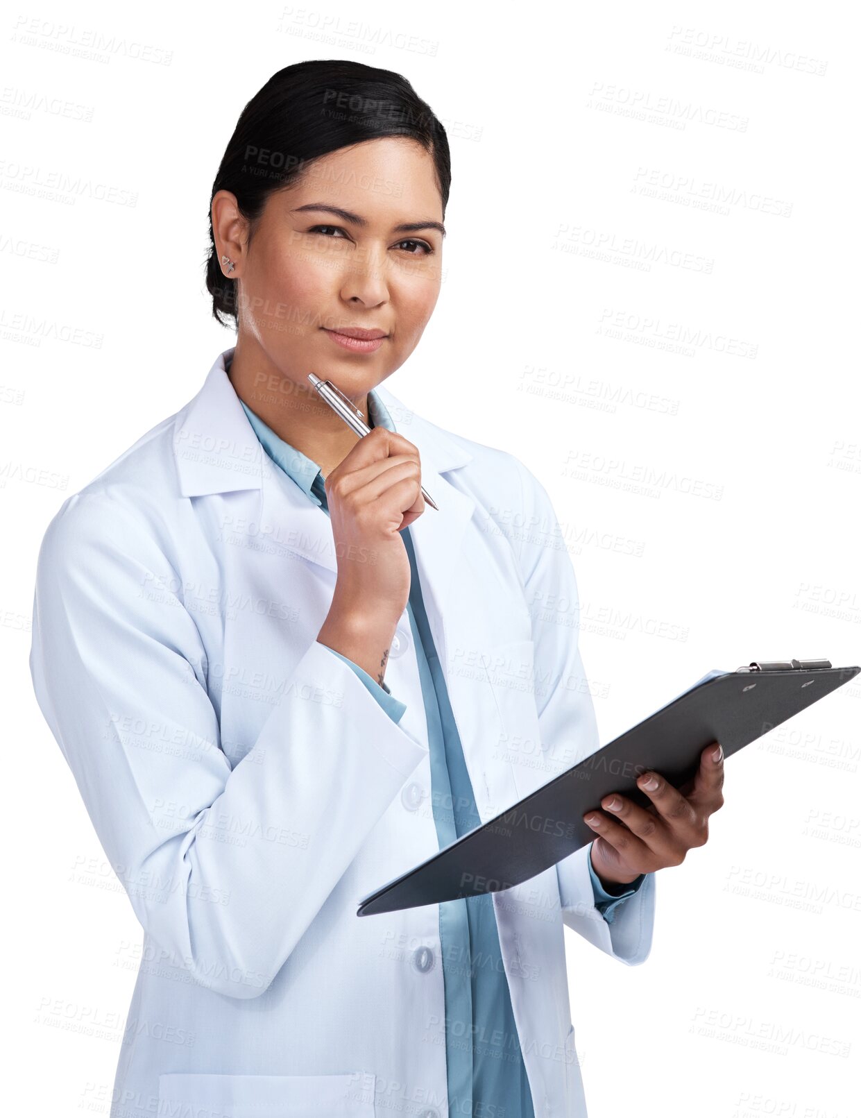 Buy stock photo Portrait, thinking and woman with a clipboard, science and researcher isolated on a transparent background. Female person, scientist and employee with ideas, medical innovation and documents with png