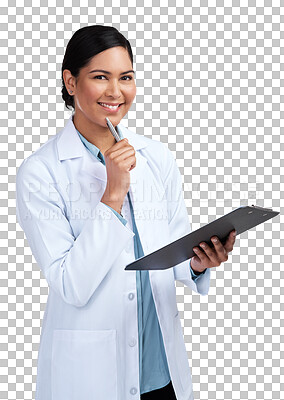 Buy stock photo Portrait, medical and woman with a clipboard, research and consultant isolated against a transparent background. Female person, scientist and researcher with a document, results and thinking with png