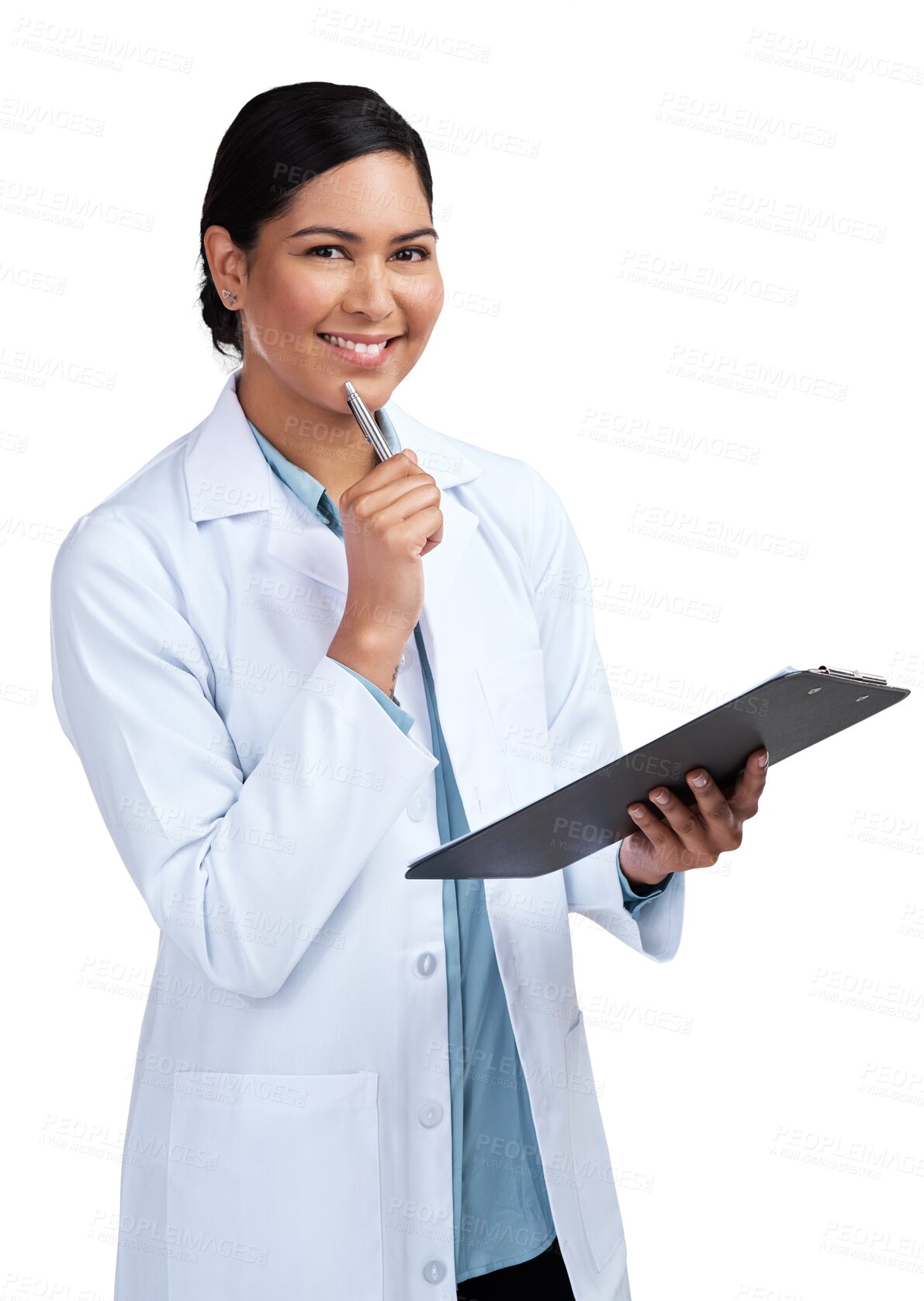 Buy stock photo Portrait, medical and woman with a clipboard, research and consultant isolated against a transparent background. Female person, scientist and researcher with a document, results and thinking with png