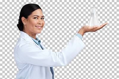 Buy stock photo Science, results and portrait with woman and beaker on transparent background for medicine, pharmacy or medical. Expert, chemical and healthcare with scientist isolated on png for vaccine research