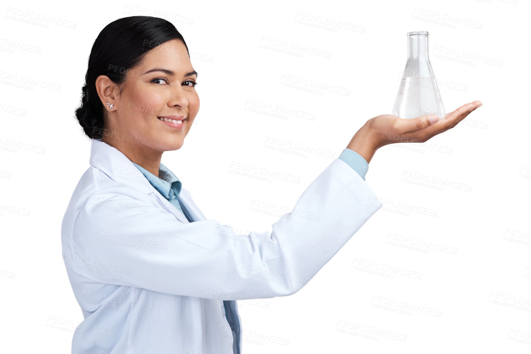 Buy stock photo Science, results and portrait with woman and beaker on transparent background for medicine, pharmacy or medical. Expert, chemical and healthcare with scientist isolated on png for vaccine research