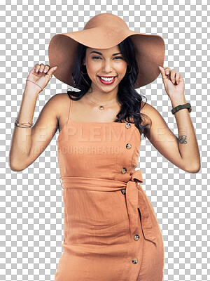 Buy stock photo Happy woman, portrait and fashion with hat and beauty makeup standing isolated on a transparent PNG background. Attractive female person or model smile in stylish summer clothing and facial cosmetics