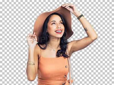 Buy stock photo Smile, fashion or woman thinking of beauty, glamour or confidence isolated on transparent png background. Wonder, hat or face of happy girl with a cool stylish outfit or trendy aesthetic clothes