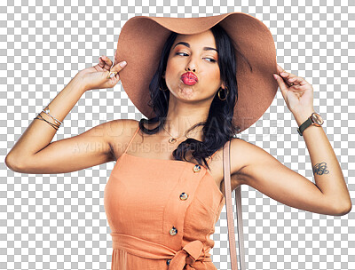 Buy stock photo Hat, fashion or woman thinking of beauty, glamour or confidence isolated on transparent png background. Wonder, makeup or proud girl with a stylish outfit, red lipstick or trendy aesthetic clothes