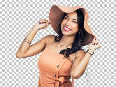 Buy stock photo Happy woman, portrait smile and fashion with hat and beauty makeup standing isolated on a transparent PNG background. Attractive female person or model in stylish summer clothing and facial cosmetics