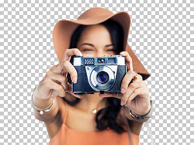 Buy stock photo Woman, hands and camera of photographer for picture isolated on a transparent PNG background. Creative female person or model in photography, hobby or taking photo for travel, memory or sightseeing