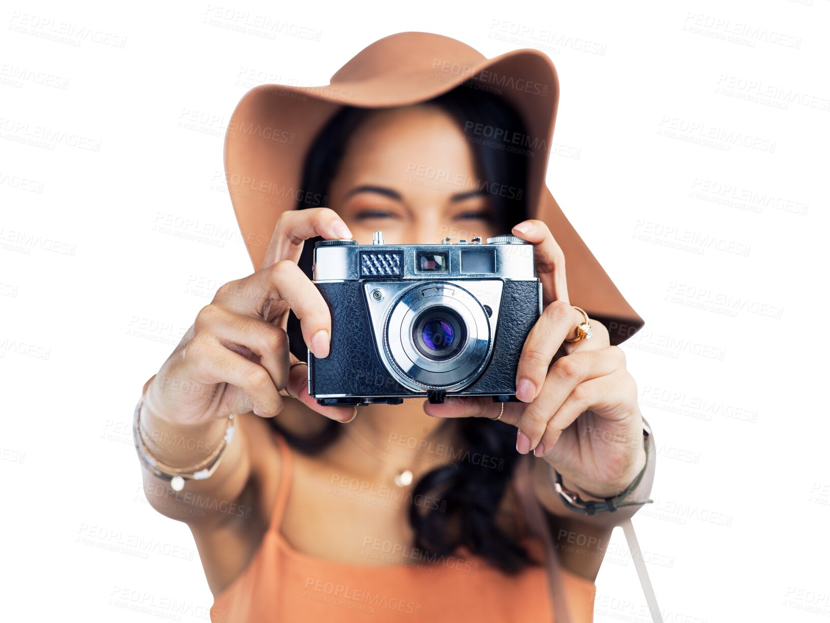 Buy stock photo Woman, hands and camera of photographer for picture isolated on a transparent PNG background. Creative female person or model in photography, hobby or taking photo for travel, memory or sightseeing