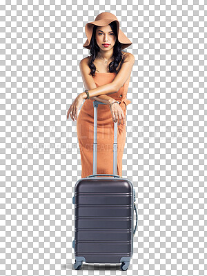 Buy stock photo Travel, portrait or woman with suitcase for holiday, vacation or weekend trip with confidence or bag. Luggage, hat or girl tourist ready for tourism adventure isolated on transparent png background