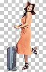 PNG Shot of a beautiful young woman standing with her suitcase against a white background