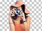 PNG of a Studio shot of a beautiful young woman holding a camera while standing against a white background