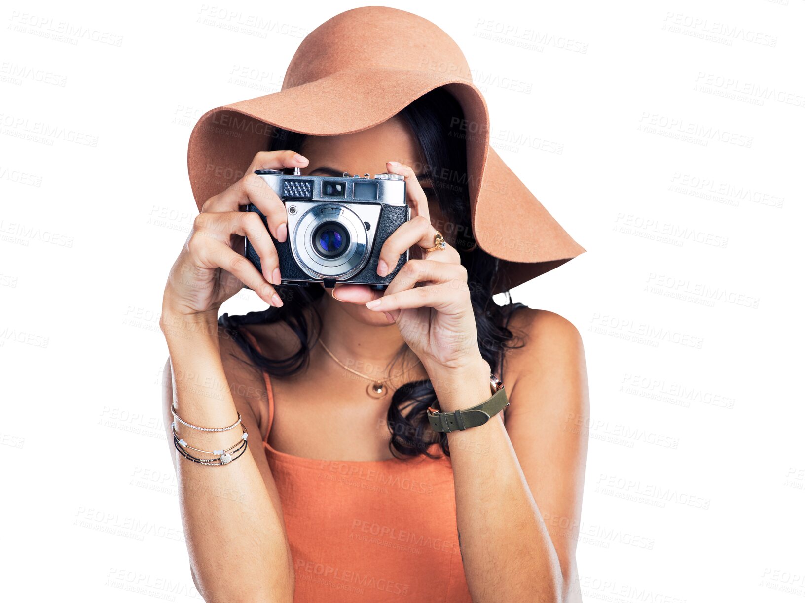 Buy stock photo Woman, camera and hands of photographer for picture isolated on a transparent PNG background. Female person, model or photography ready for photo, memory or capture moment in travel or sightseeing