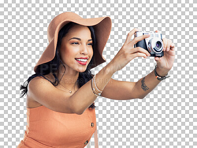 Buy stock photo Happy woman, camera and photography in fashion for picture isolated on a transparent PNG background. Female person, model or photographer smiling in summer clothing for photo, memory or capture