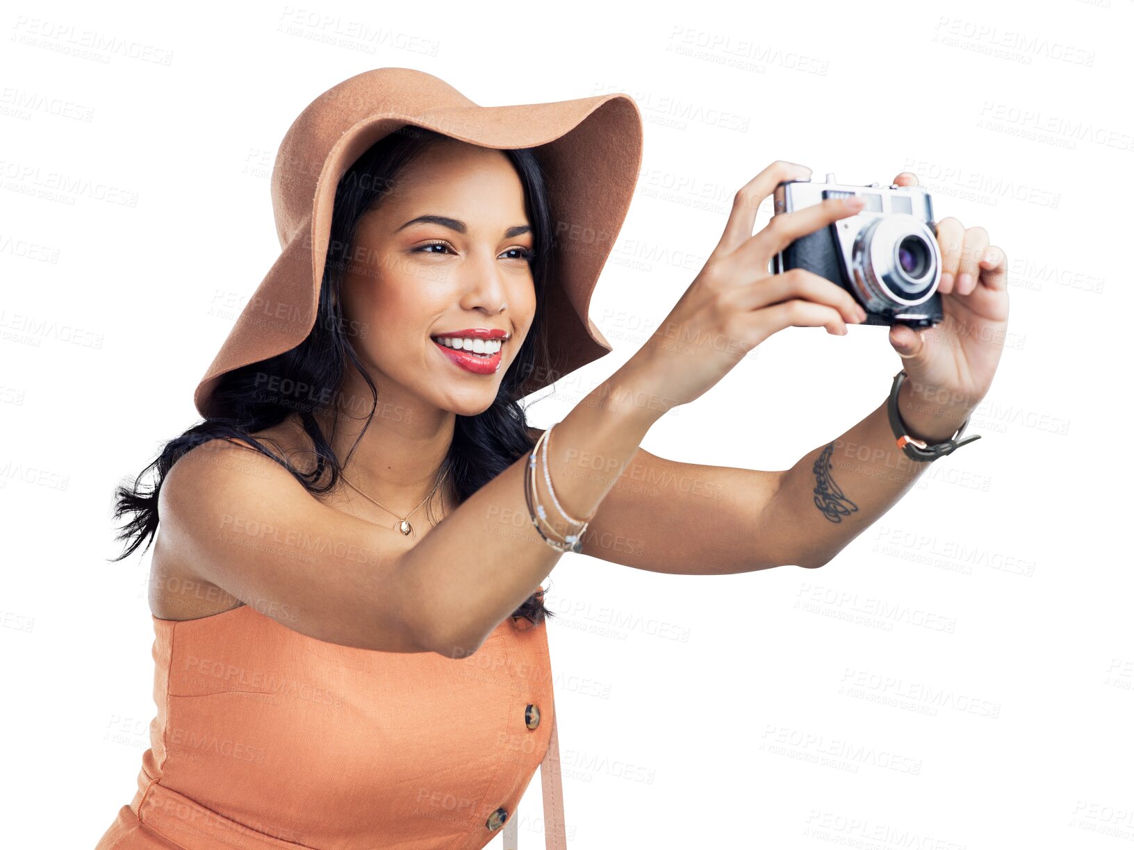 Buy stock photo Happy woman, camera and photography in fashion for picture isolated on a transparent PNG background. Female person, model or photographer smiling in summer clothing for photo, memory or capture