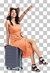 PNG studio shot of a beautiful young woman holding up her suitcase while standing against a white background