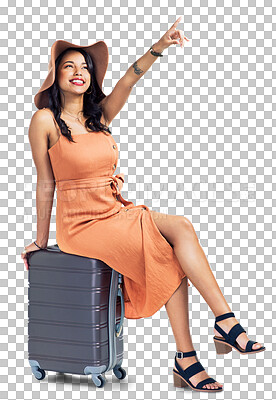 Buy stock photo Travel, pointing or excited woman with suitcase for holiday, vacation or weekend trip with a bag. Luggage, hat or happy girl tourist showing tourism adventure isolated on transparent png background