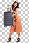 PNG of a Studio shot of a beautiful young woman holding up her suitcase while standing against a white background