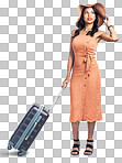 PNG shot of a beautiful young woman standing with her suitcase against a white background