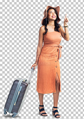 Buy stock photo Travel, pointing or happy woman with suitcase for holiday, vacation or weekend trip with a bag. Luggage, hat or excited girl tourist showing tourism adventure isolated on transparent png background