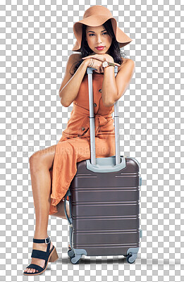 Buy stock photo Travel, portrait or girl with suitcase for holiday, vacation or weekend trip with confidence or bag. Luggage, hat or woman tourist ready for tourism adventure isolated on transparent png background