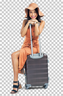 Buy stock photo Travel, portrait or happy girl with suitcase for holiday, vacation or weekend trip with a bag. Luggage, woman or excited tourist ready for tourism adventure isolated on transparent png background