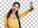 PNG studio shot of a woman wearing a backpack and taking selfies against a white background