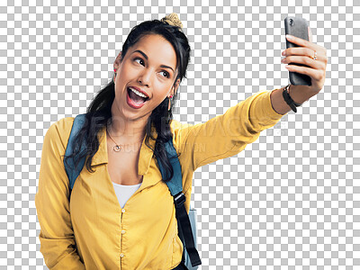 Buy stock photo Travel, tourist or happy girl taking selfie on holiday, fun vacation or weekend trip with confidence. Photo, smile or woman on social media in tourism adventure isolated on transparent png background