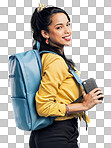 PNG studio shot of a young woman wearing a backpack while standing against a white background