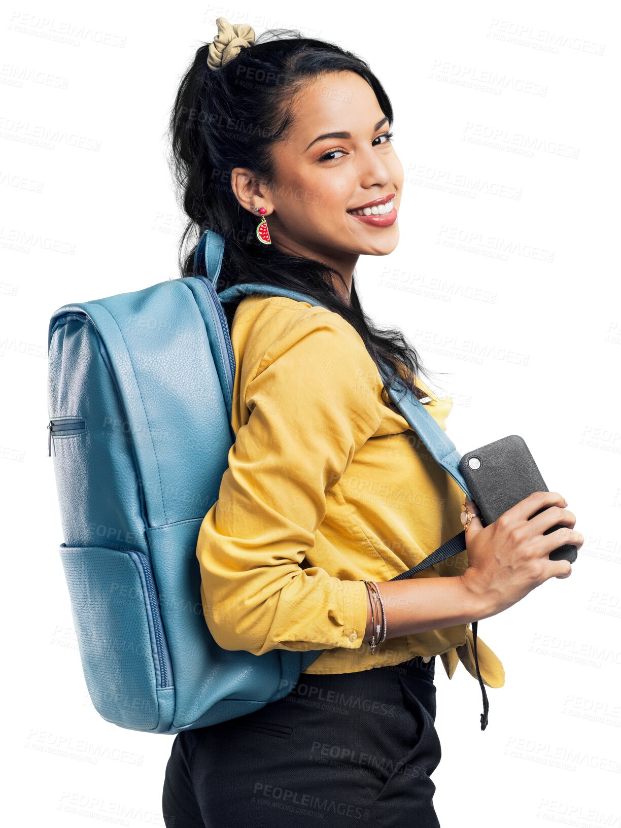 Buy stock photo Travel, portrait or happy woman with phone or bag smiling on holiday, vacation or weekend trip. Ready, face or excited girl tourist with smile for adventure isolated on transparent png background 