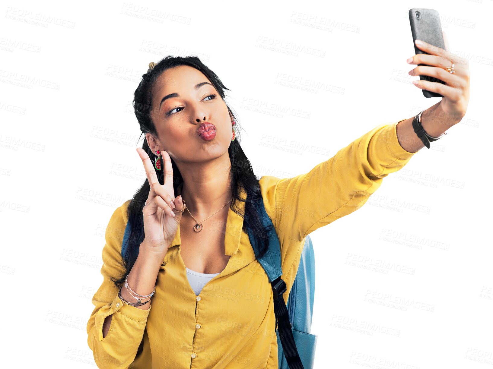 Buy stock photo Travel, peace sign or cool girl taking selfie on holiday, fun vacation or weekend trip with confidence. Photo, fun or woman taking pictures on tourism adventure isolated on transparent png background