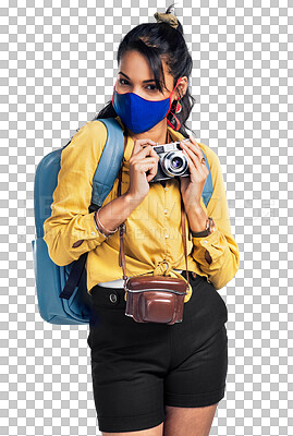 Buy stock photo Camera, photographer and woman with a mask, travel and portrait isolated on a transparent background. Female person, traveler and tourist in a pandemic for memory, tourism and photography in png