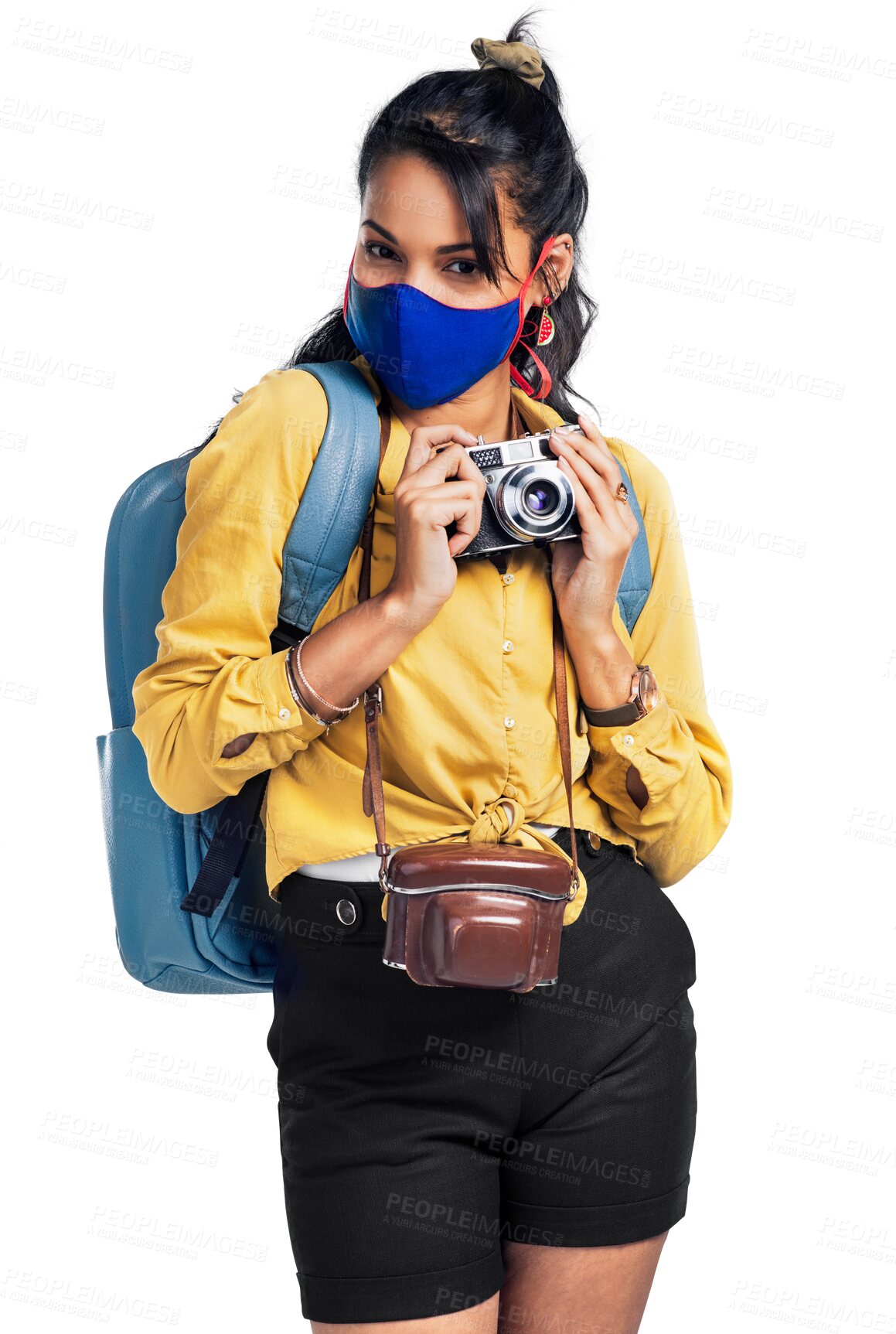 Buy stock photo Camera, photographer and woman with a mask, travel and portrait isolated on a transparent background. Female person, traveler and tourist in a pandemic for memory, tourism and photography in png