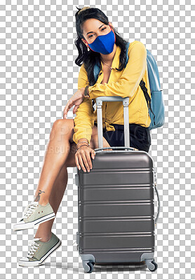 Buy stock photo Woman, portrait and waiting with luggage for travel sitting isolated on a transparent PNG background. Female person, tourist or traveler relaxing with face mask, bag and suitcase in flight delay