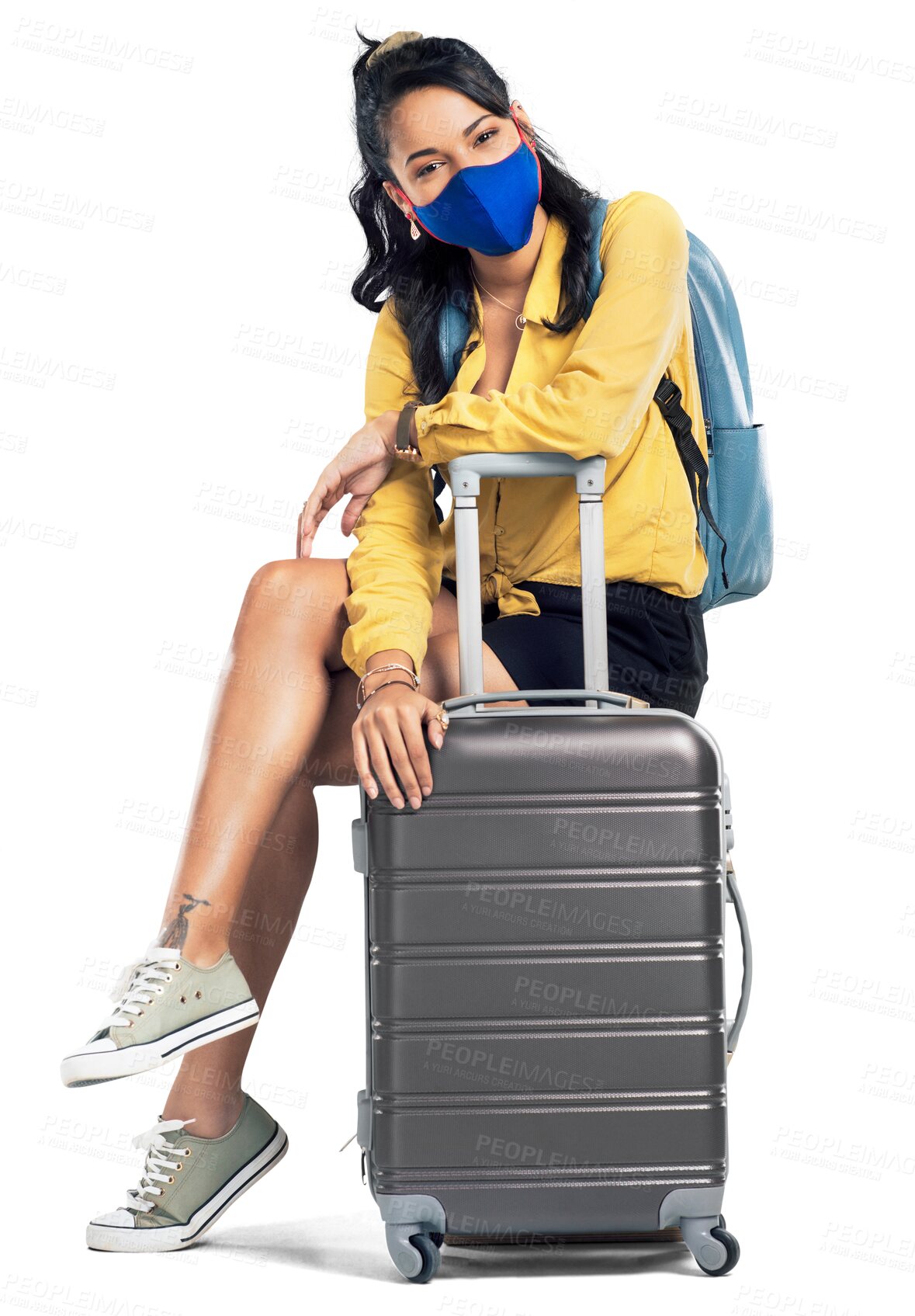 Buy stock photo Woman, portrait and waiting with luggage for travel sitting isolated on a transparent PNG background. Female person, tourist or traveler relaxing with face mask, bag and suitcase in flight delay