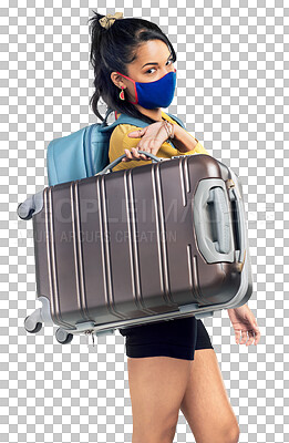 Buy stock photo Woman, portrait and luggage with face mask for travel isolated on a transparent PNG background. Female person, tourist or traveler carrying bag and suitcase for traveling, holiday getaway or trip