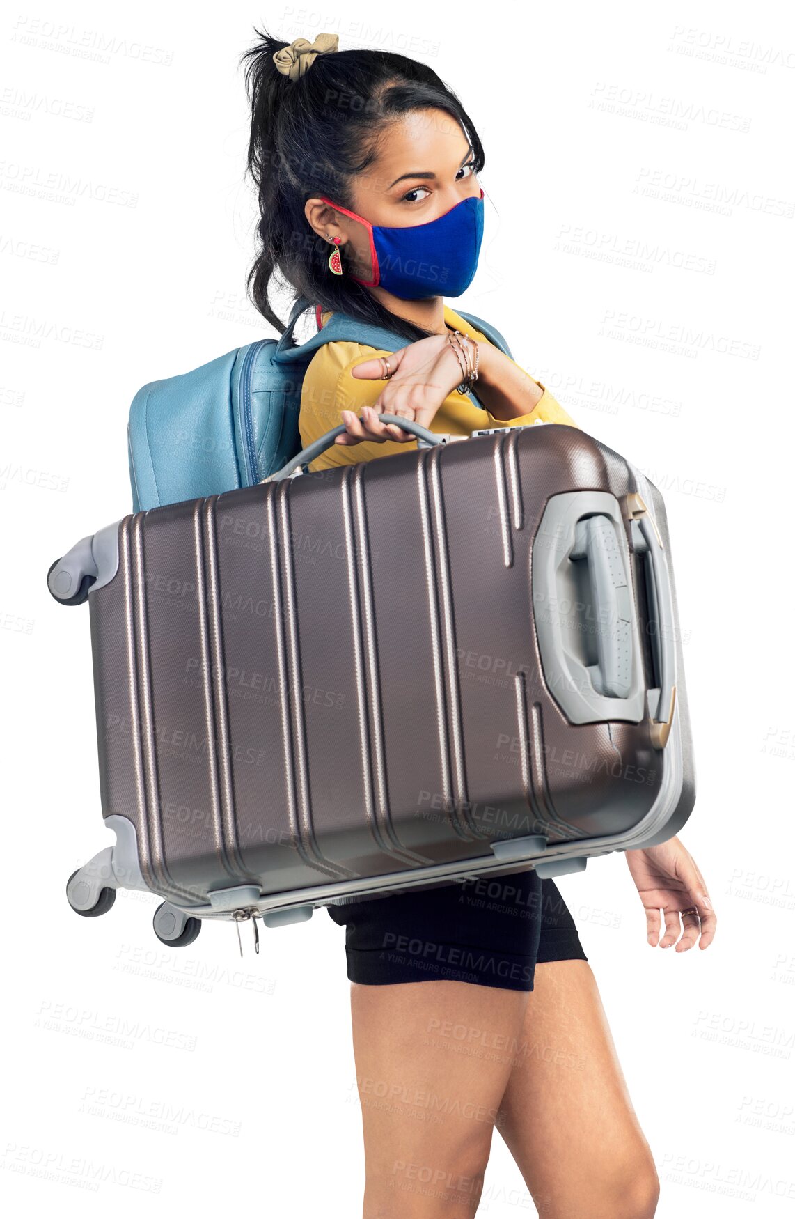 Buy stock photo Woman, portrait and luggage with face mask for travel isolated on a transparent PNG background. Female person, tourist or traveler carrying bag and suitcase for traveling, holiday getaway or trip