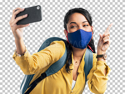 Buy stock photo Woman, face mask and selfie pointing in travel advertising isolated on a transparent PNG background. Female person, vlogger or student with finger point for social media, online post or vlog photo