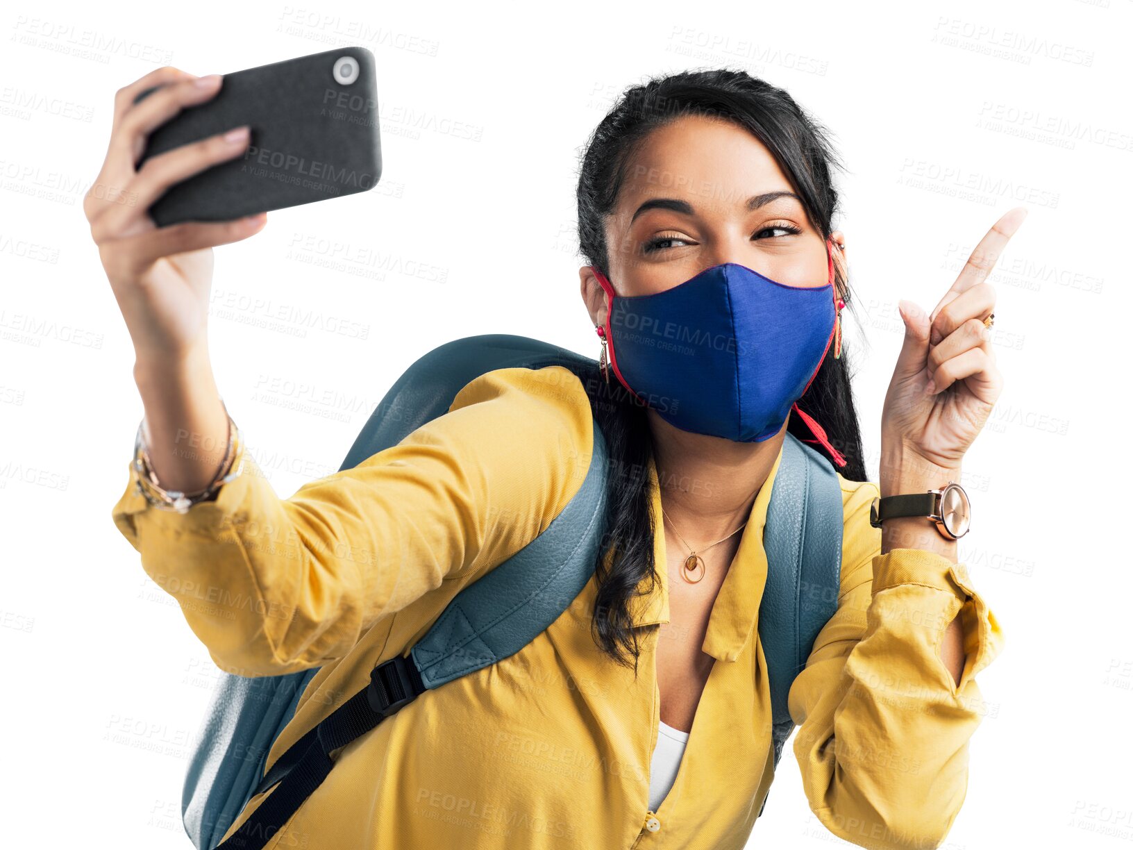 Buy stock photo Woman, face mask and selfie pointing in travel advertising isolated on a transparent PNG background. Female person, vlogger or student with finger point for social media, online post or vlog photo