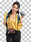 PNG shot of a woman holding up her camera and dressed for an adventure