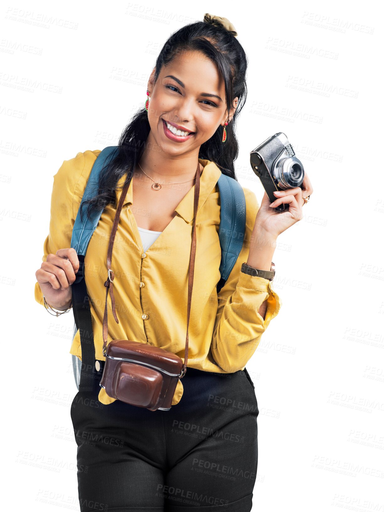 Buy stock photo Tourist, portrait or excited girl with camera on holiday, vacation or weekend trip with confidence. Traveller, smile or happy woman photographer on adventure isolated on transparent png background