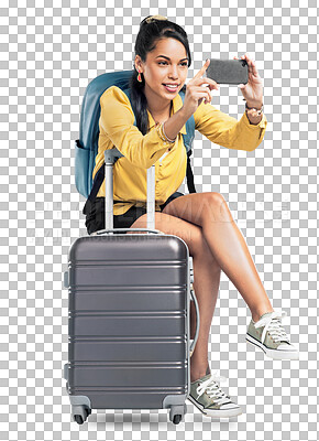 Buy stock photo Travel, luggage or girl taking photo on holiday, vacation or weekend trip for a memory on journey. Photography, suitcase or woman photographer taking pictures isolated on transparent png background