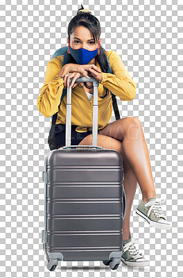 Buy stock photo Woman, portrait and waiting on luggage with face mask for travel isolated on a transparent PNG background. Female person, tourist or traveler in flight delay, wait or restriction with bag or suitcase