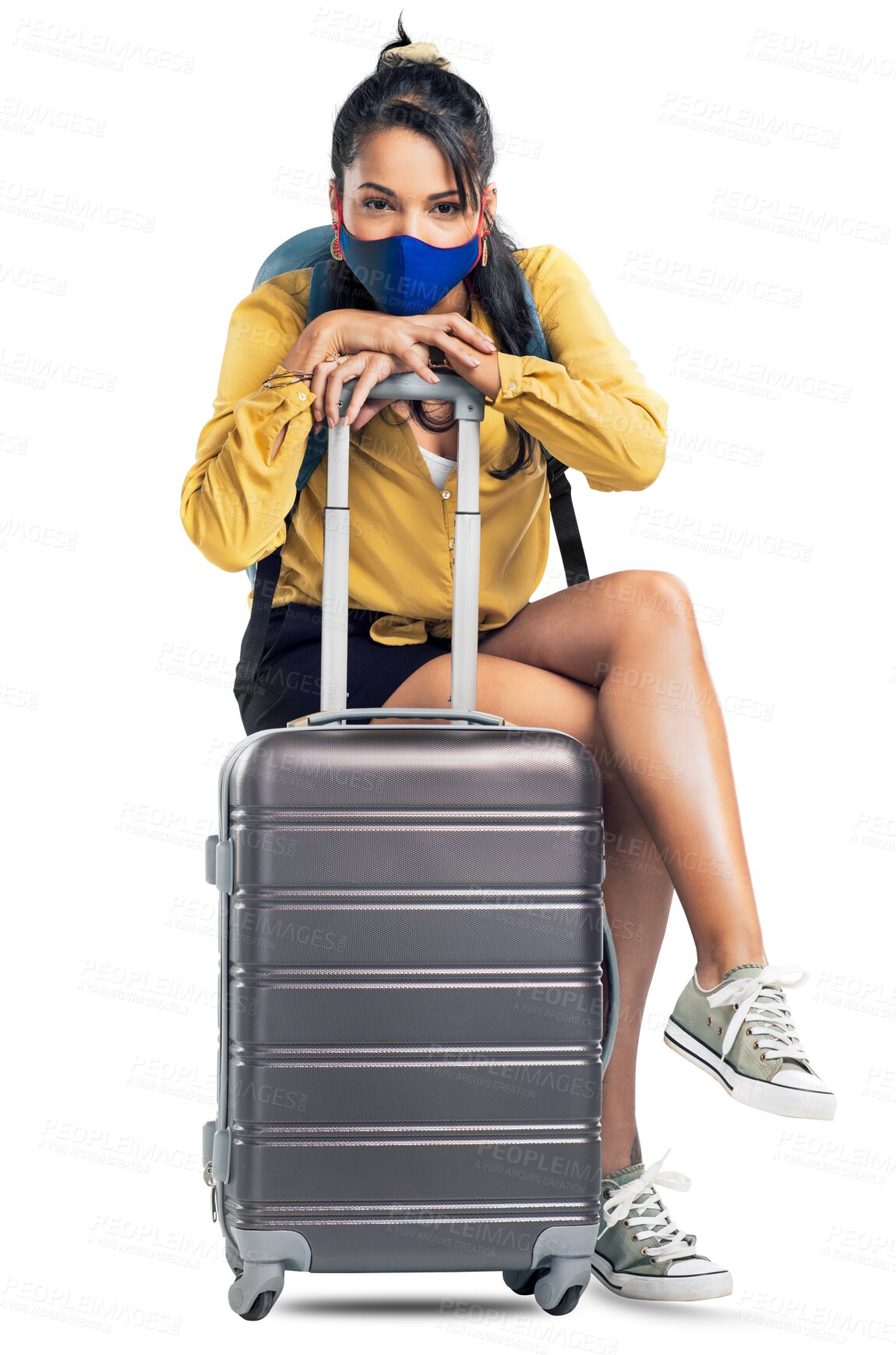 Buy stock photo Woman, portrait and waiting on luggage with face mask for travel isolated on a transparent PNG background. Female person, tourist or traveler in flight delay, wait or restriction with bag or suitcase