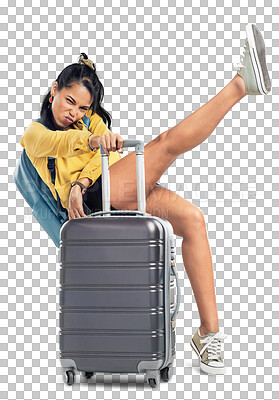 Buy stock photo Travel, portrait or cool girl with suitcase for holiday, vacation or weekend trip with confidence. Luggage, gen z or woman tourist ready for tourism adventure isolated on transparent png background