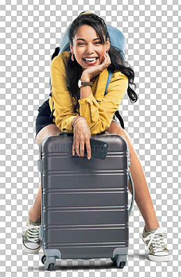 Buy stock photo Travel, portrait or excited girl with luggage for holiday, vacation or weekend trip break with bag. Suitcase, woman or happy tourist ready for tourism adventure isolated on transparent png background