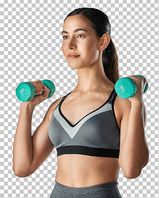 Buy stock photo Dumbbells, exercise and woman with fitness, serious and girl isolated against a transparent background. Female person, healthy and goals with gym equipment, training and body with wellness and png