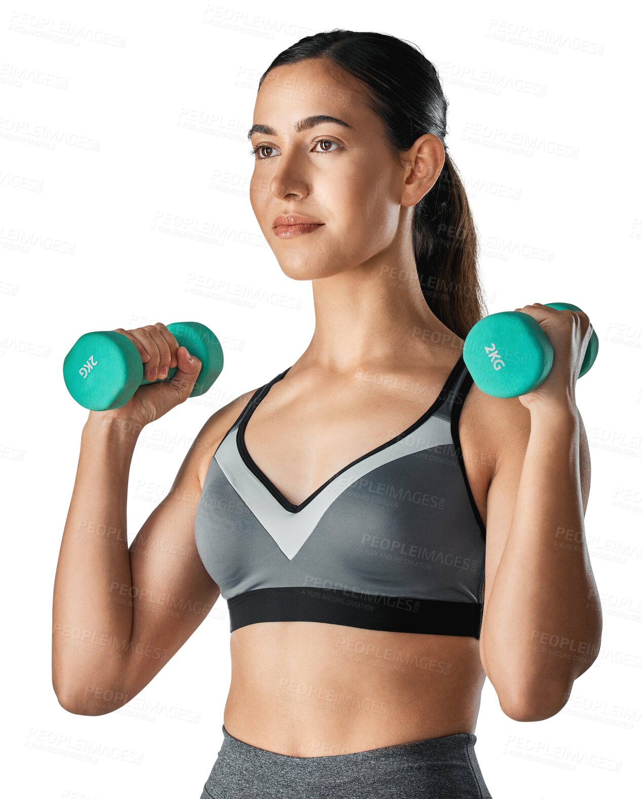 Buy stock photo Dumbbells, exercise and woman with fitness, serious and girl isolated against a transparent background. Female person, healthy and goals with gym equipment, training and body with wellness and png